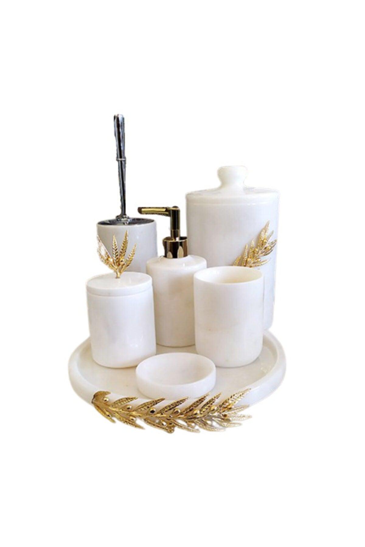 Decorative White Marble Gold Olive Branch Detailed 7 Pcs Bathroom Set Set - Swordslife