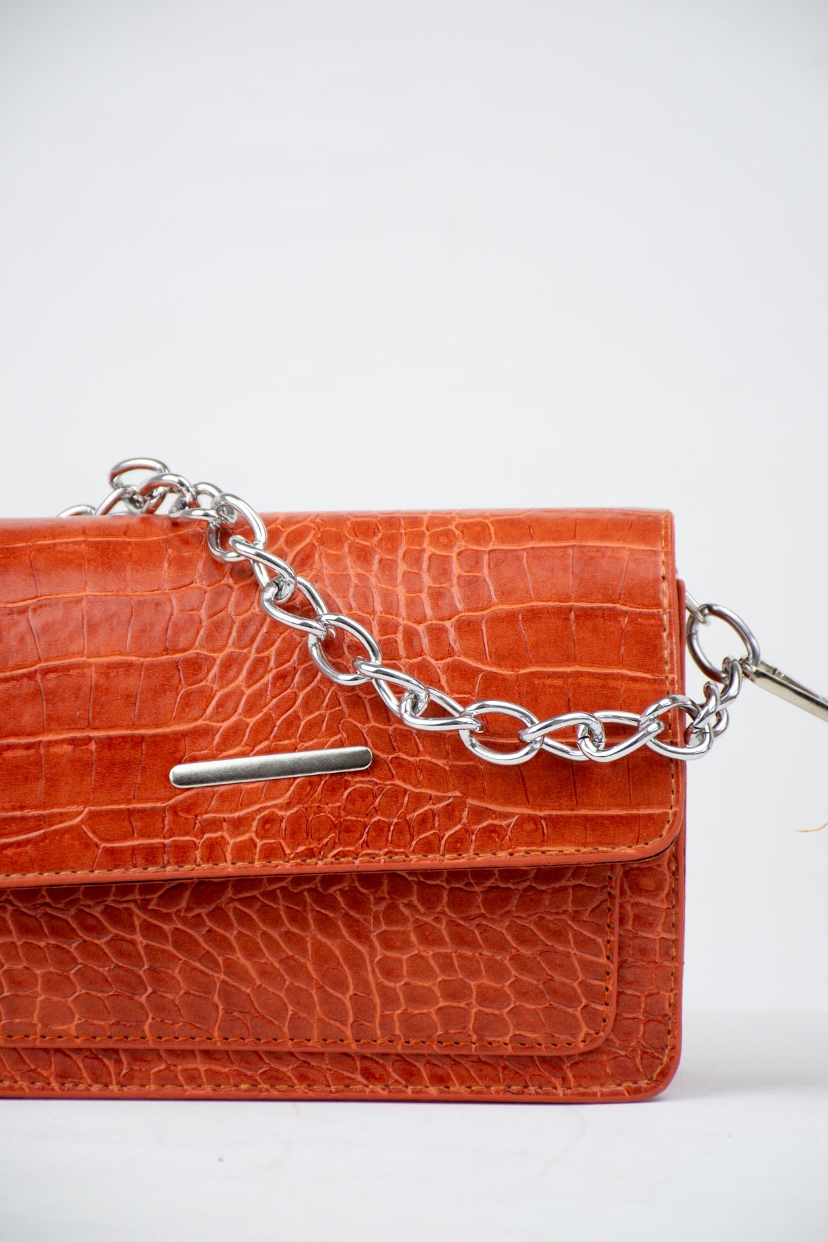 Orange Women Crocodile Patterned Clutch Baguette Chain Strap Bag