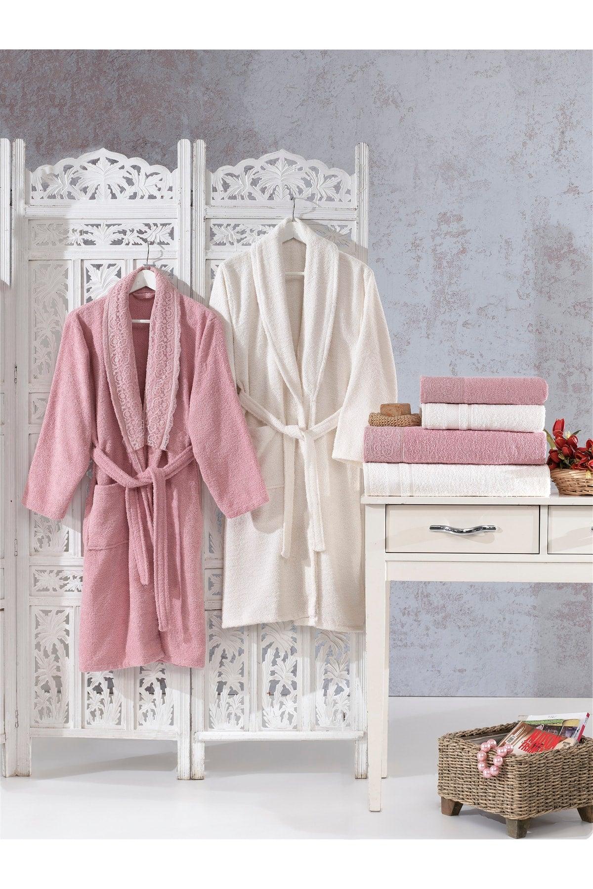 Family Lacy Powder & Cream Family Bathrobe Set 6 Pieces Dowry Women Men Bathrobe Bath Towel Set - Swordslife