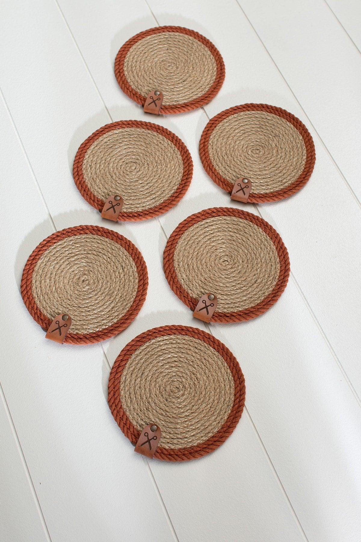 6 Pieces 13cm Cinnamon Stripe Jute Straw Weave Coaster Presentation Set - Swordslife