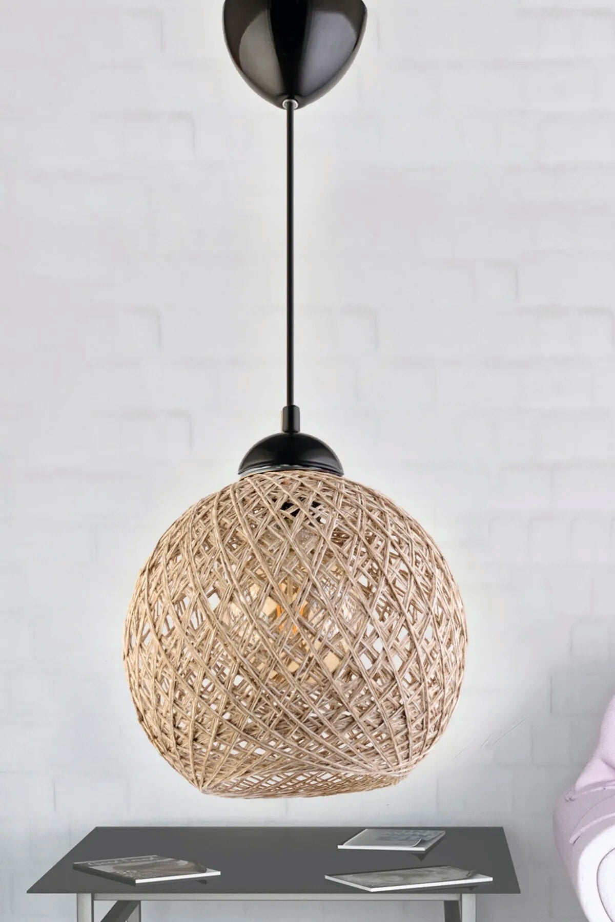 Set Of 3 Rustic Balle Ball Beige Pendant Lamp Chandelier