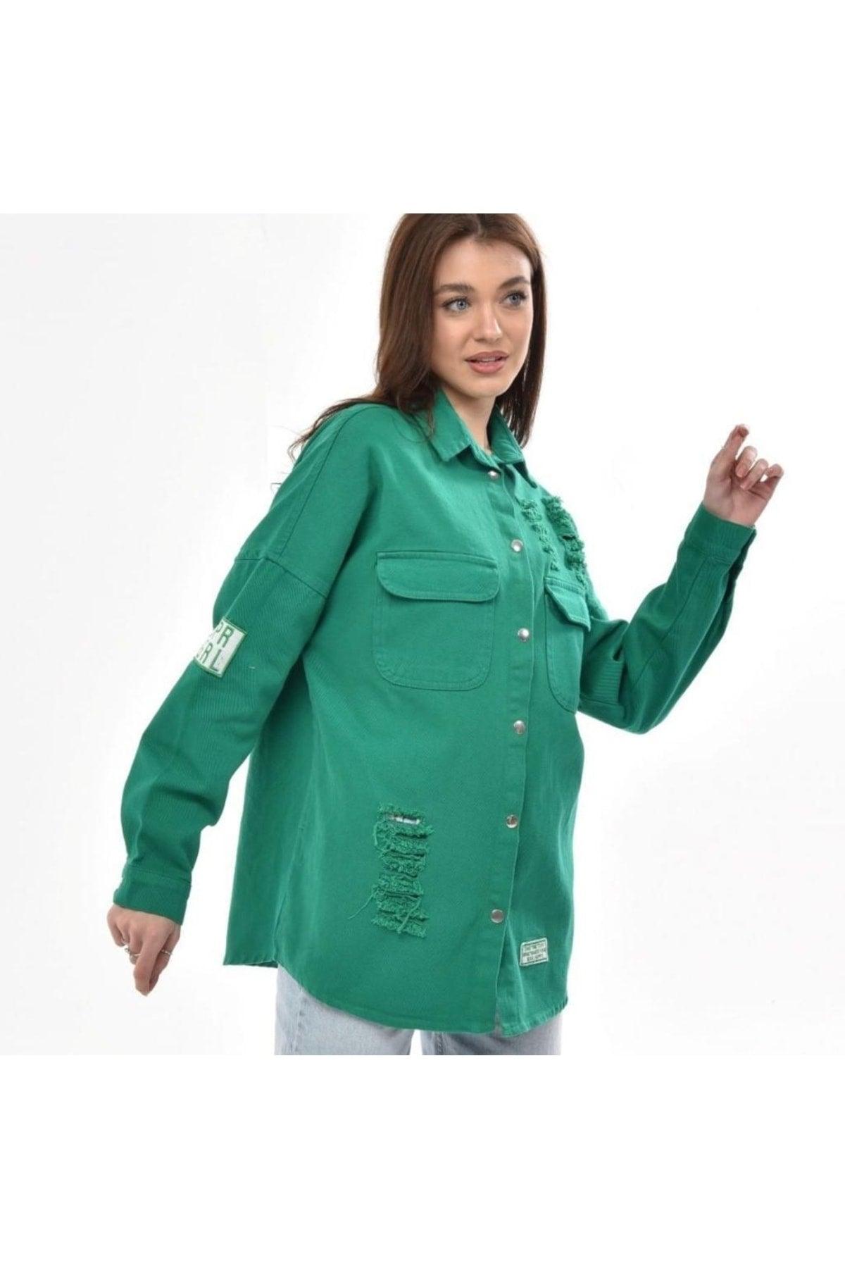 Women's Green Boyfriend Oversize Worn Denim Jeans Denim Jacket - Swordslife