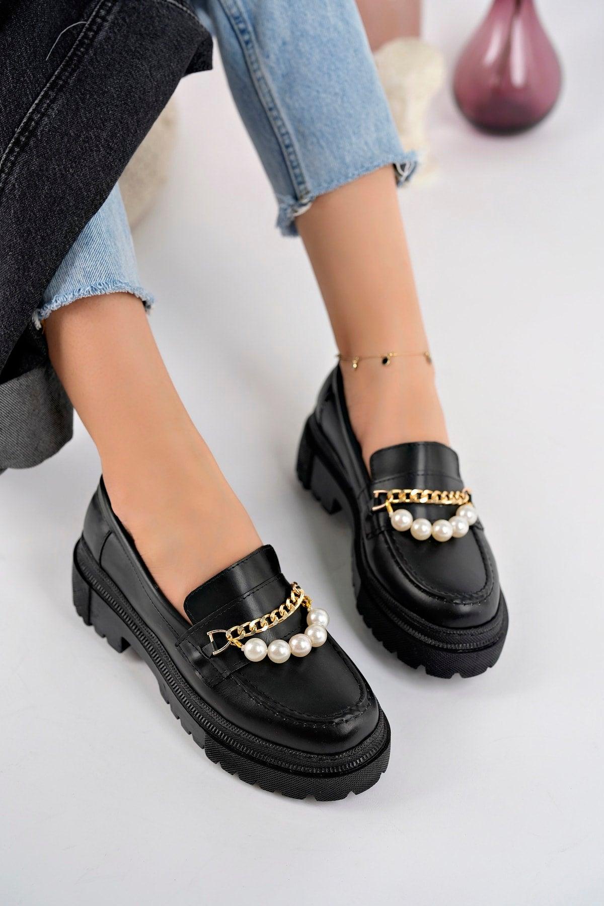 Women's Thick Sole Loafer Loafers Black With Pearls - Swordslife