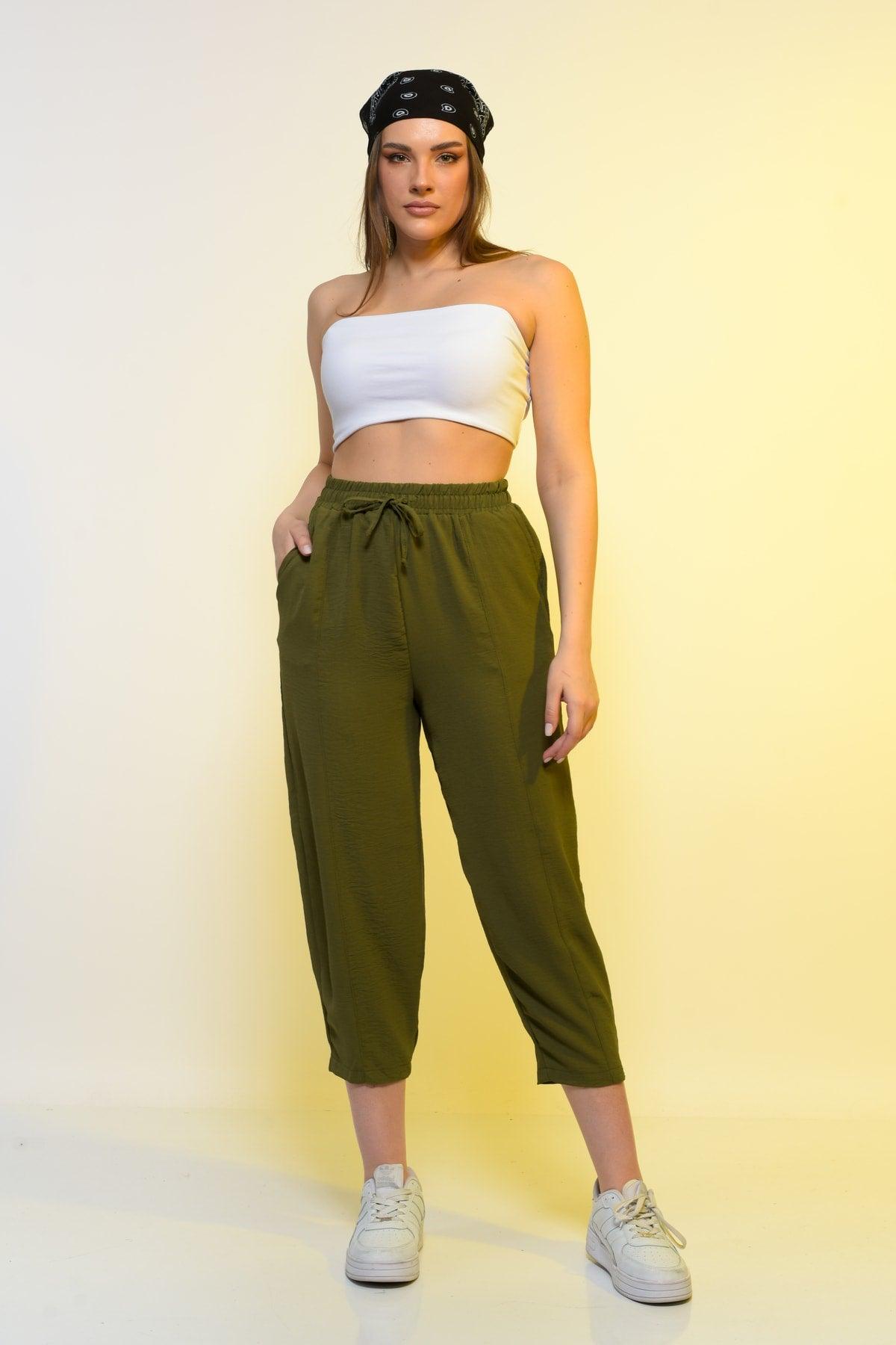 New Season Summer Elastic Waist Slim Pants High Waist Women Khaki Green Casual Trousers - Swordslife