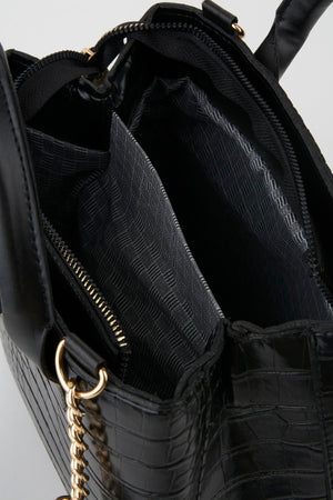 Women'S Black Faux Leather Croco Patterned Strap Snaps Zipper Closure Hand And Shoulder Bag