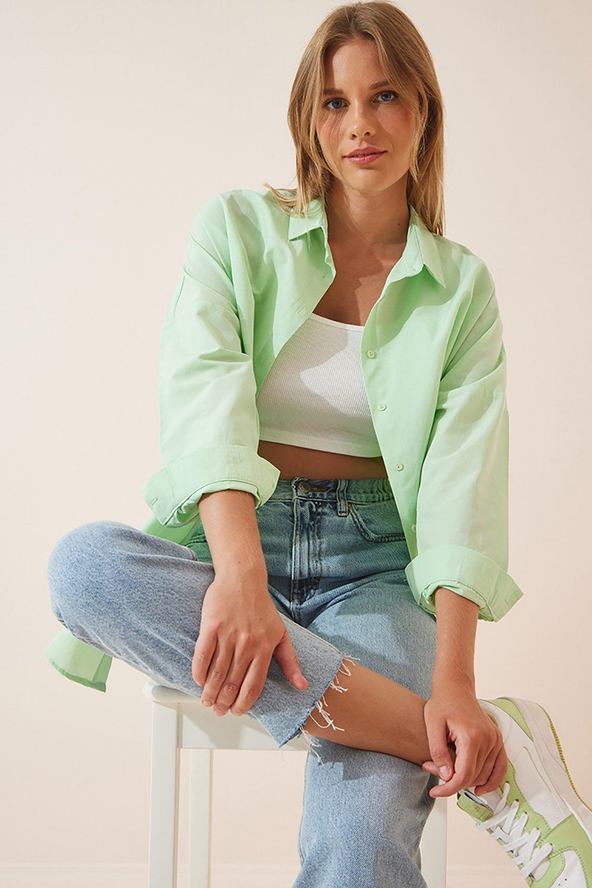 Women's Light Green Oversize Long Basic Shirt DD00842 - Swordslife