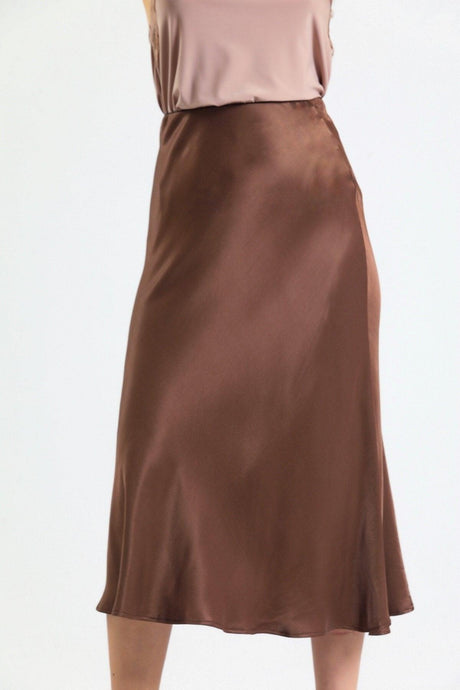 Summer Sidewalk Viscose Satin Fabric Midi Length Skirt -brown - Swordslife