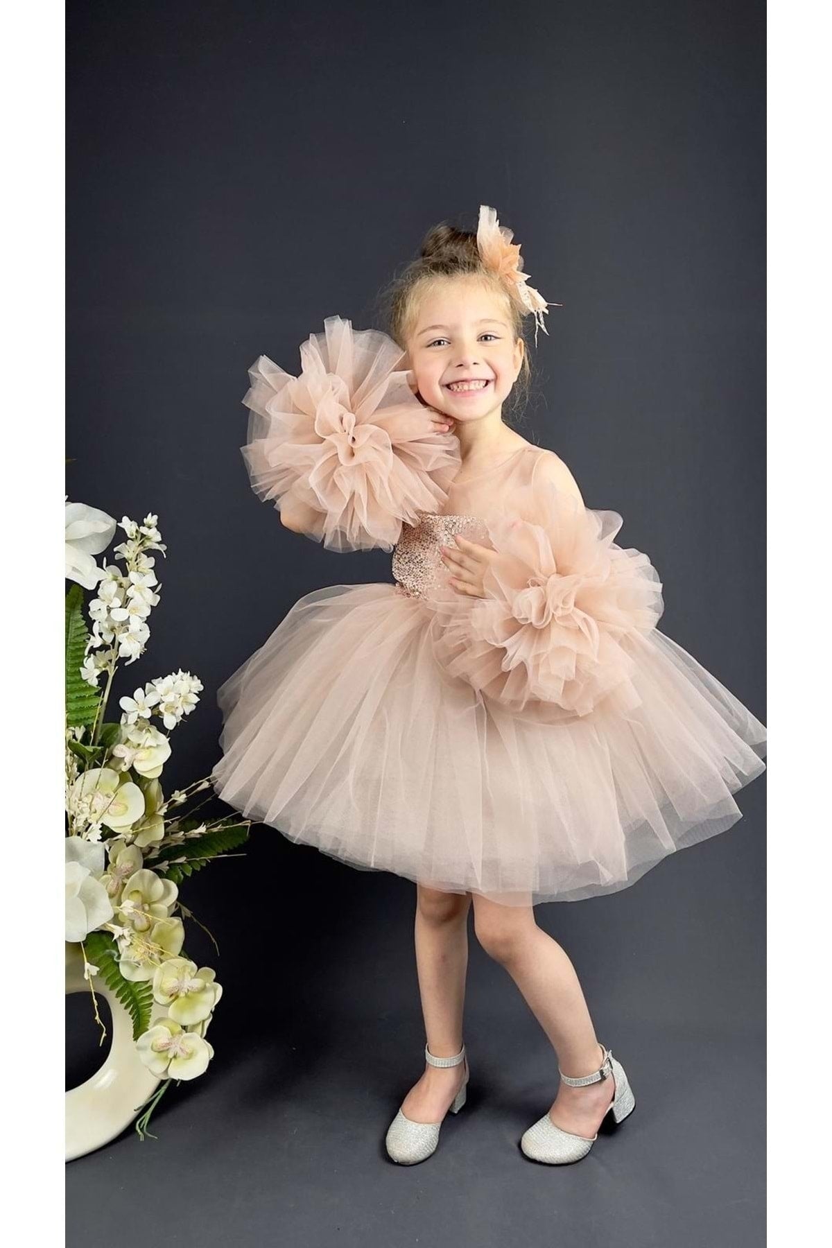 Chiffon Robe Pompom Sleeve Sequined Girls Fluffy Skirt Tulle Evening Dress Powder