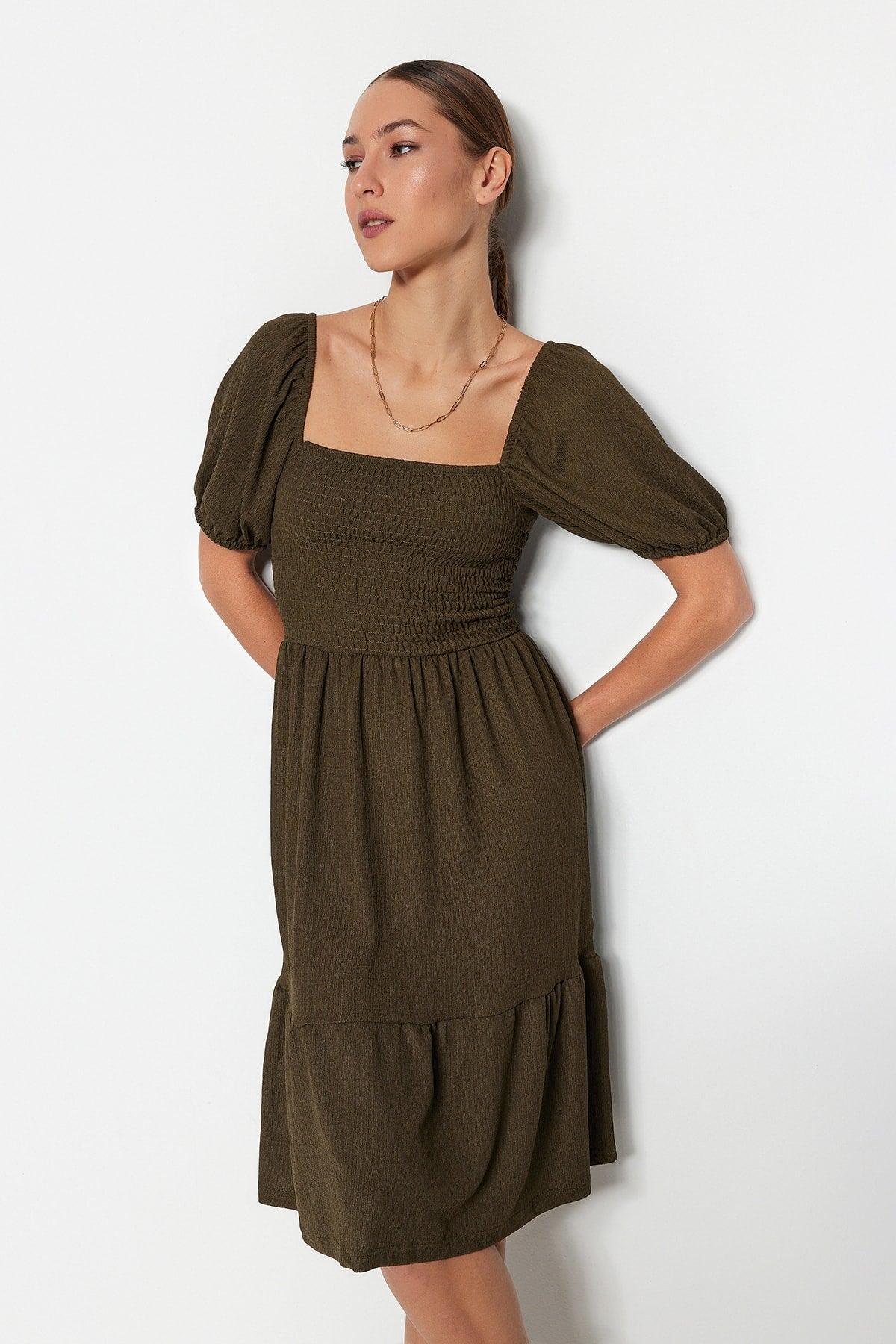 Khaki Waist Drop/Skater Square Neck Balloon Sleeve Midi Crepe Knitted Dress TWOSS22EL1088 - Swordslife