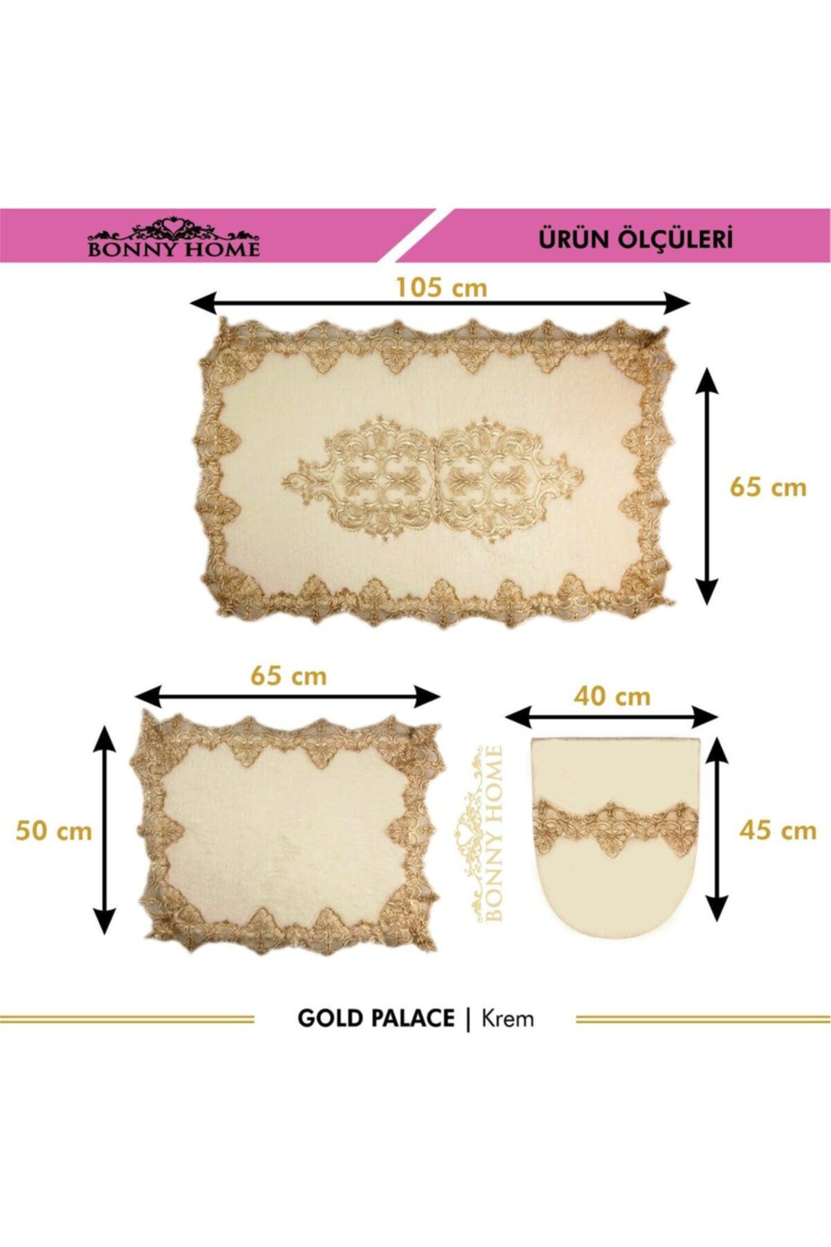 Cream Gold Palace 3-piece Dowry French Lace Appliqued Closet Set Bath Mat Set - Swordslife