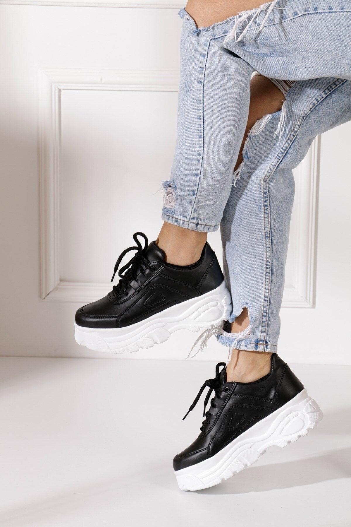 Casual Women's Black White Sneakers High Sole 6 Cm Comfortable Lightweight Sneaker 001 - Swordslife