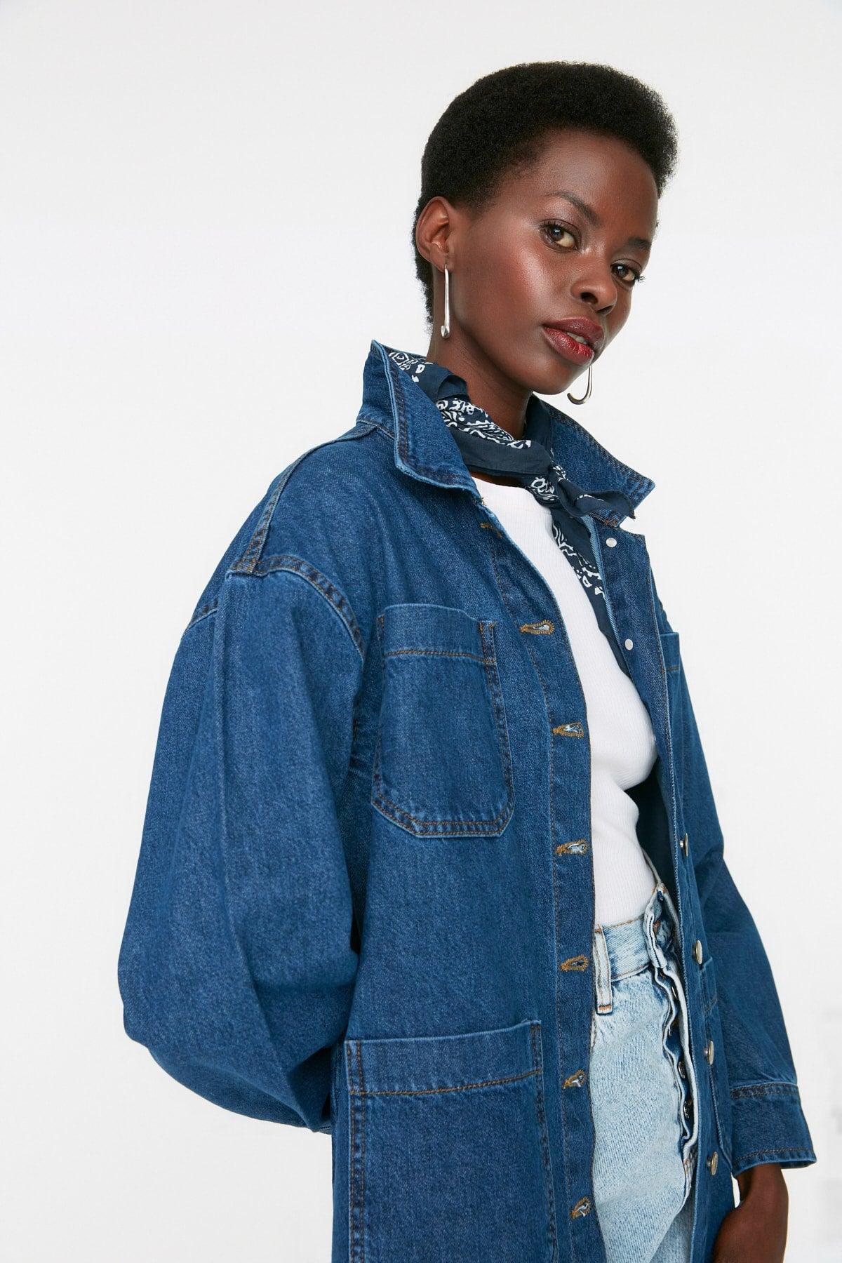 Blue Pocket Detailed Oversize Denim Jacket - Swordslife