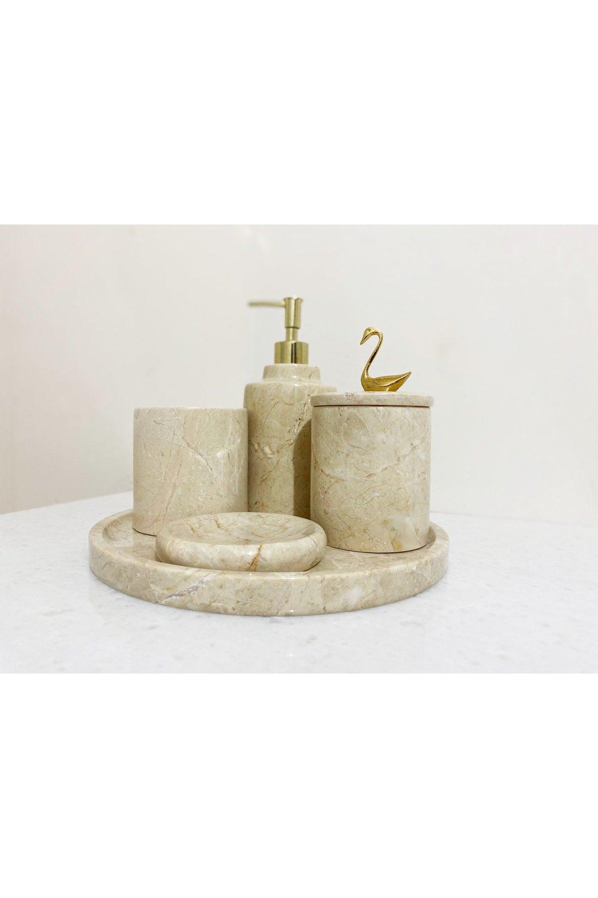 Natural Beige Marble Gold Swan Detailed 5 Pcs Bathroom Set Set - Swordslife