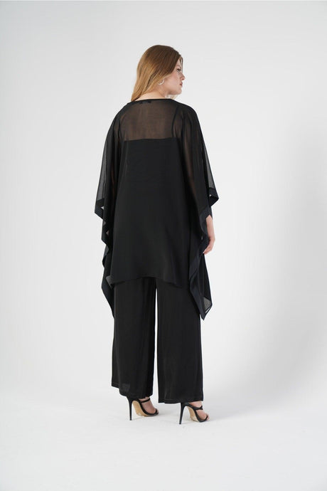 Large Size Women's V-Neck Black Chiffon Cape Coat - Swordslife