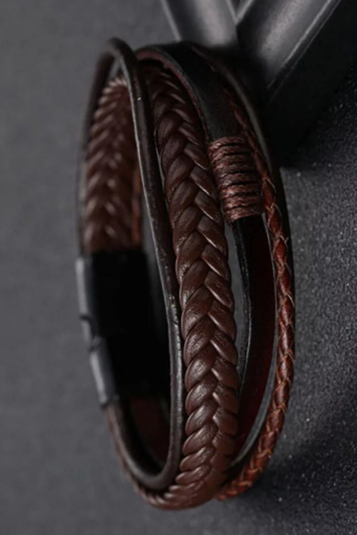 Men's Genuine Leather Bracelet Brown Color Magnetic Clasp Braided Bracelet