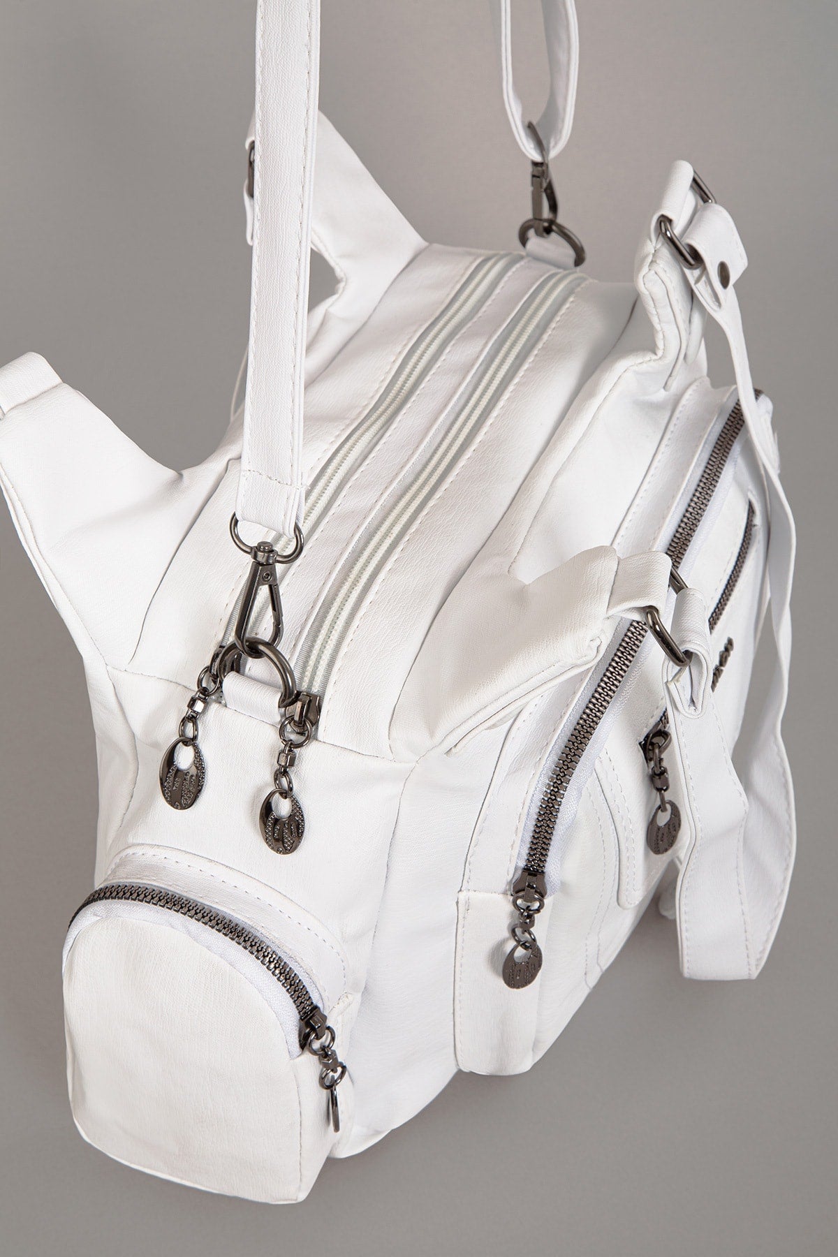 Women'S White Wash Leather Multi-Section Shoulder And Hand Bag