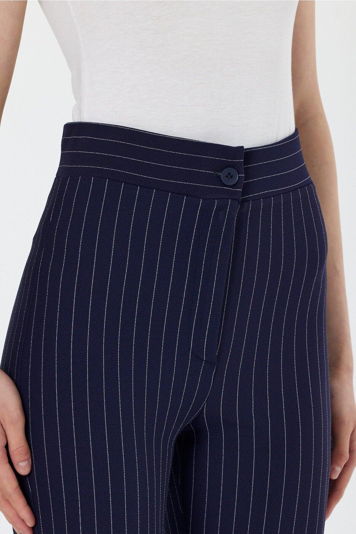 Women's Striped Navy Blue High Waist Gatherer Spanish Leg Palazzo Trousers - Swordslife