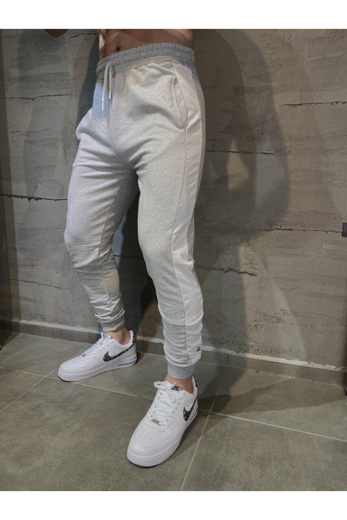 Men'S Gray White Striped Sweatpants Cotton Elastic Leg