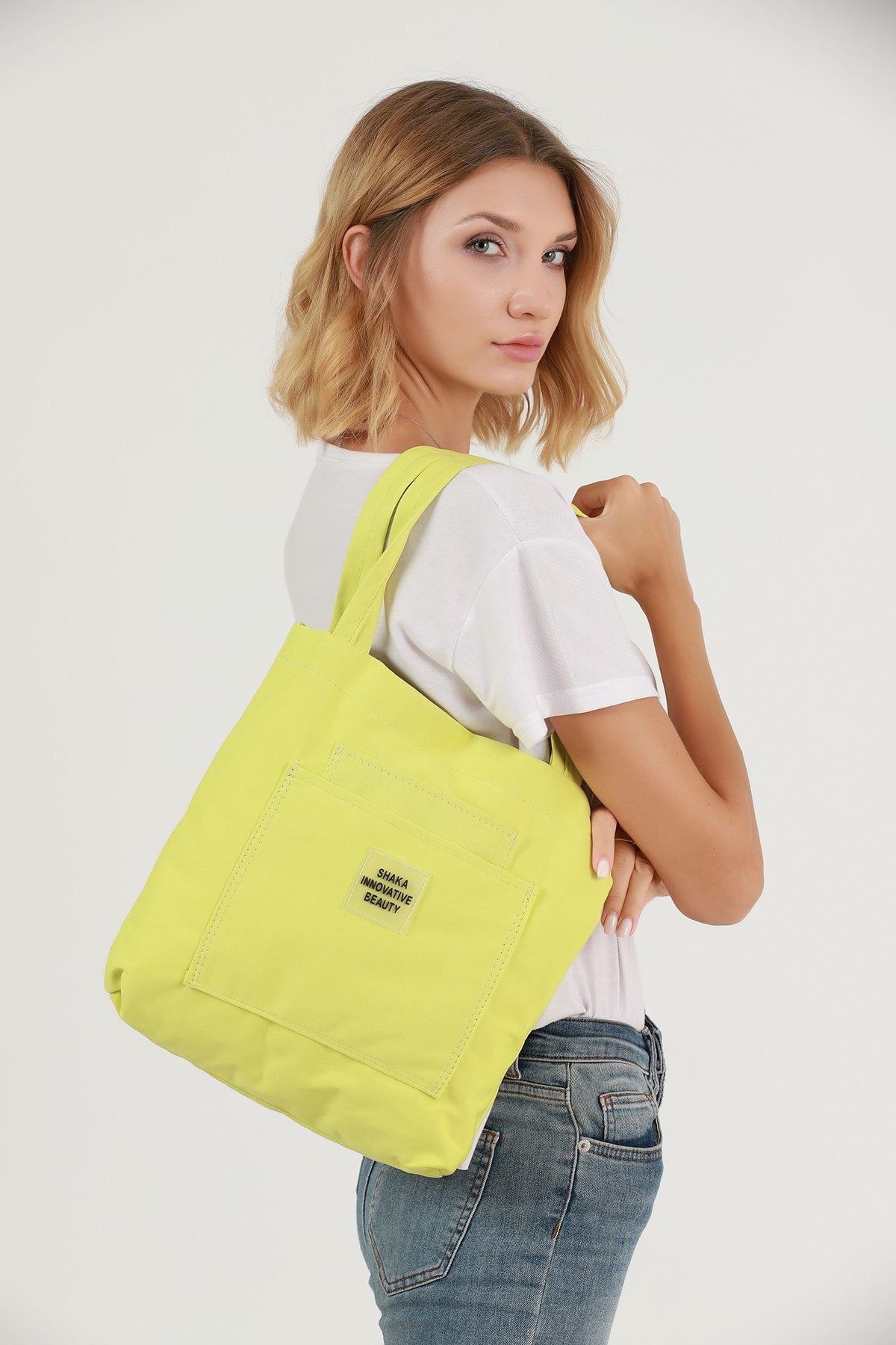 Yellow U22 3-Compartment Front 2 Pocket Detailed Canvas Fabric Daily Women's Arm and Shoulder Bag B:35 E:35