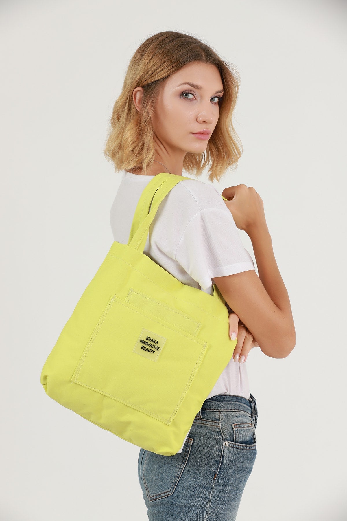 Yellow U22 3-Compartment Front 2 Pocket Detailed Canvas Fabric Daily Women'S Arm And Shoulder Bag B:35 E:35