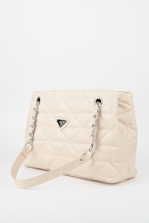 Crocos Cream Leather Quilted 3 Compartment Zipper Closure Lined Hand Arm And Shoulder Bag With Chain Strap