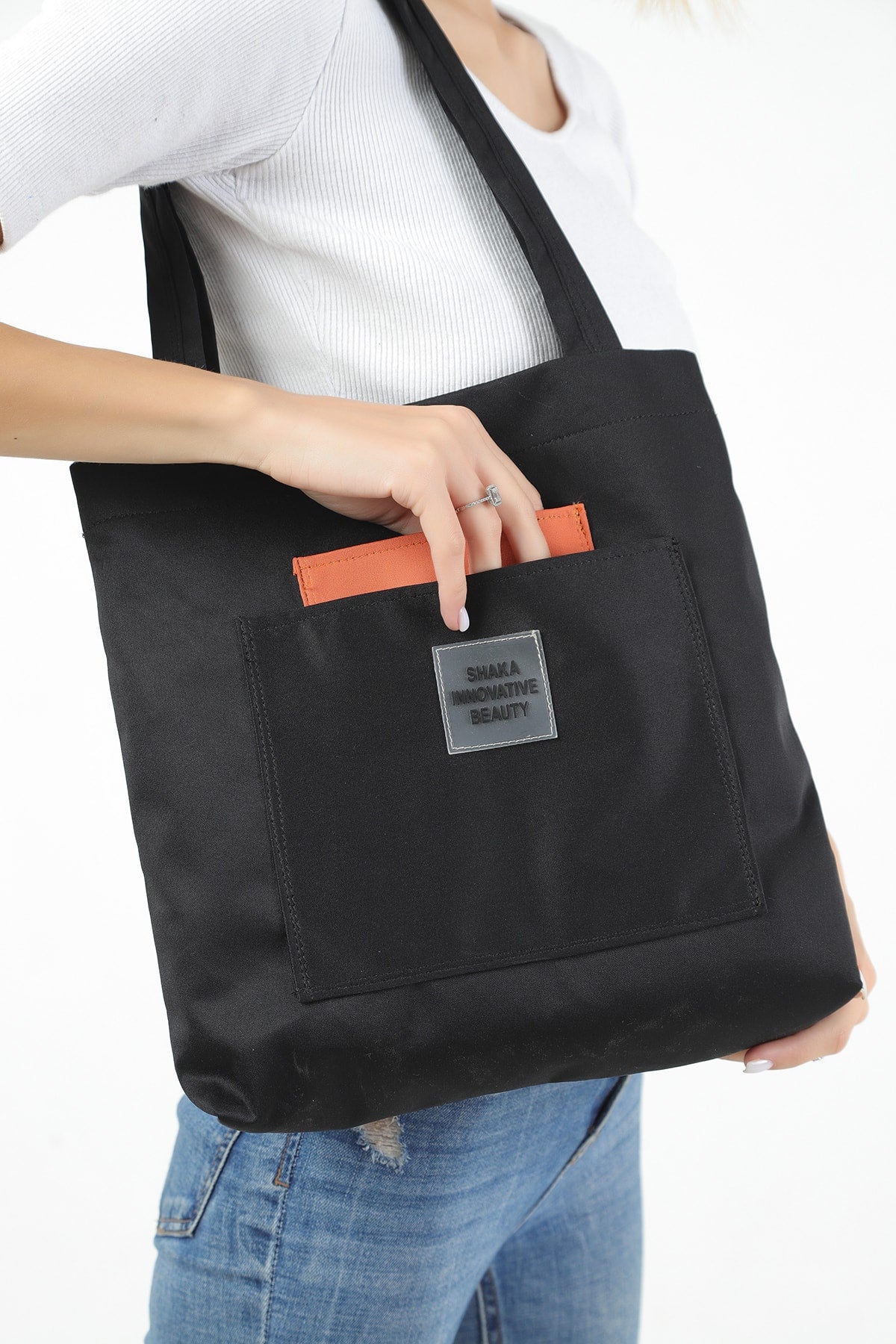 Black/orange U22 3-Compartment Front 2 Pocket Detailed Canvas Fabric Daily Women's Arm and Shoulder Bag B:35 E:35