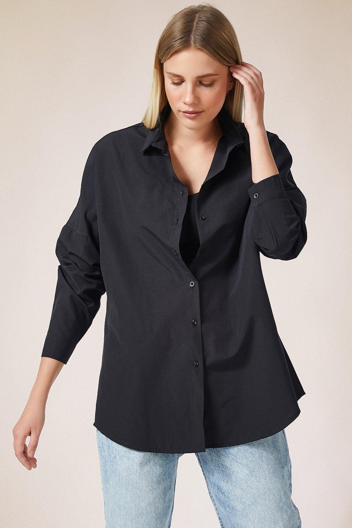 Women's Black Oversize Long Basic Shirt DD00842 - Swordslife