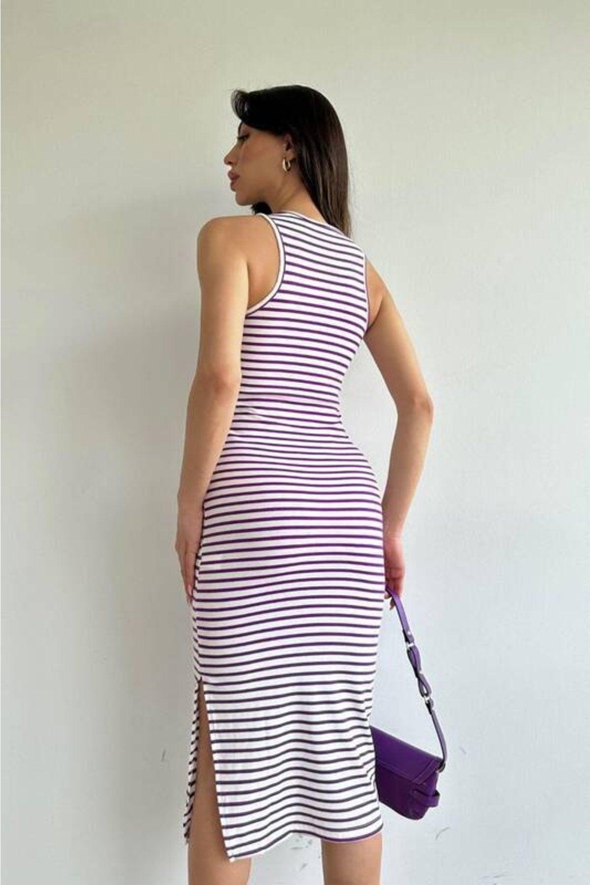 Purple Striped Midi Length Pencil Dress (zck0486) - Swordslife