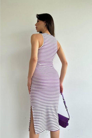 Purple Striped Midi Length Pencil Dress (zck0486) - Swordslife