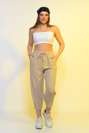 New Season Summer Elastic Waist Slim Pants High Waist Women Beige Color Casual Trousers - Swordslife