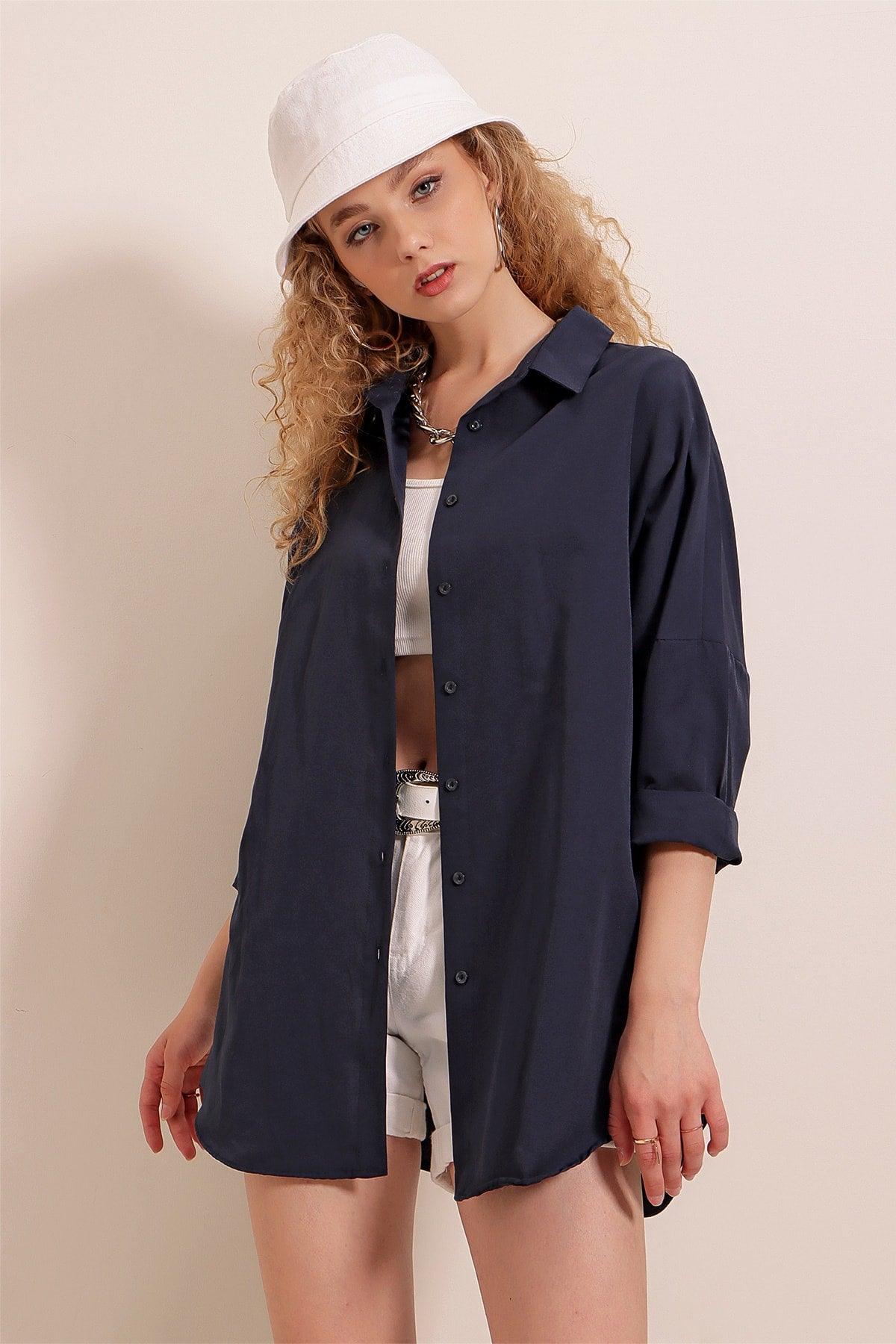 3900 Oversize Long Basic Shirt - Navy Blue - Swordslife