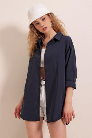 3900 Oversize Long Basic Shirt - Navy Blue - Swordslife