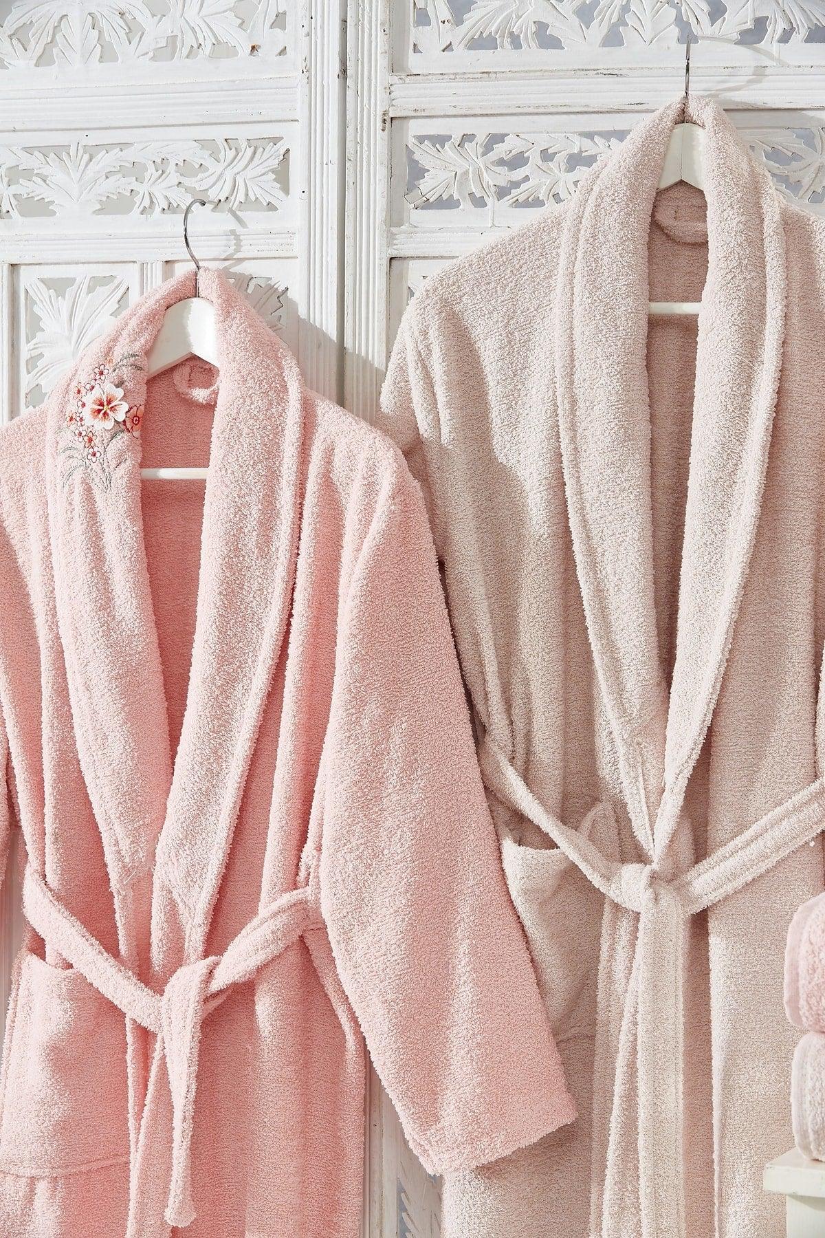 Family Embroidered Pink & Cappuccino Family Bathrobe Set 6 Pieces Dowry Women Men Bath Towel Set - Swordslife