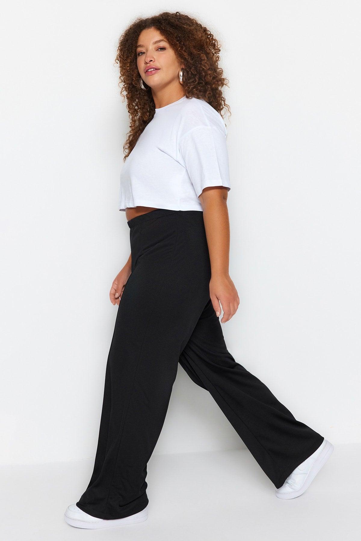 Black Wideleg Knitted Crepe High Waist Ribbed Trousers TBBSS23AR00021 - Swordslife