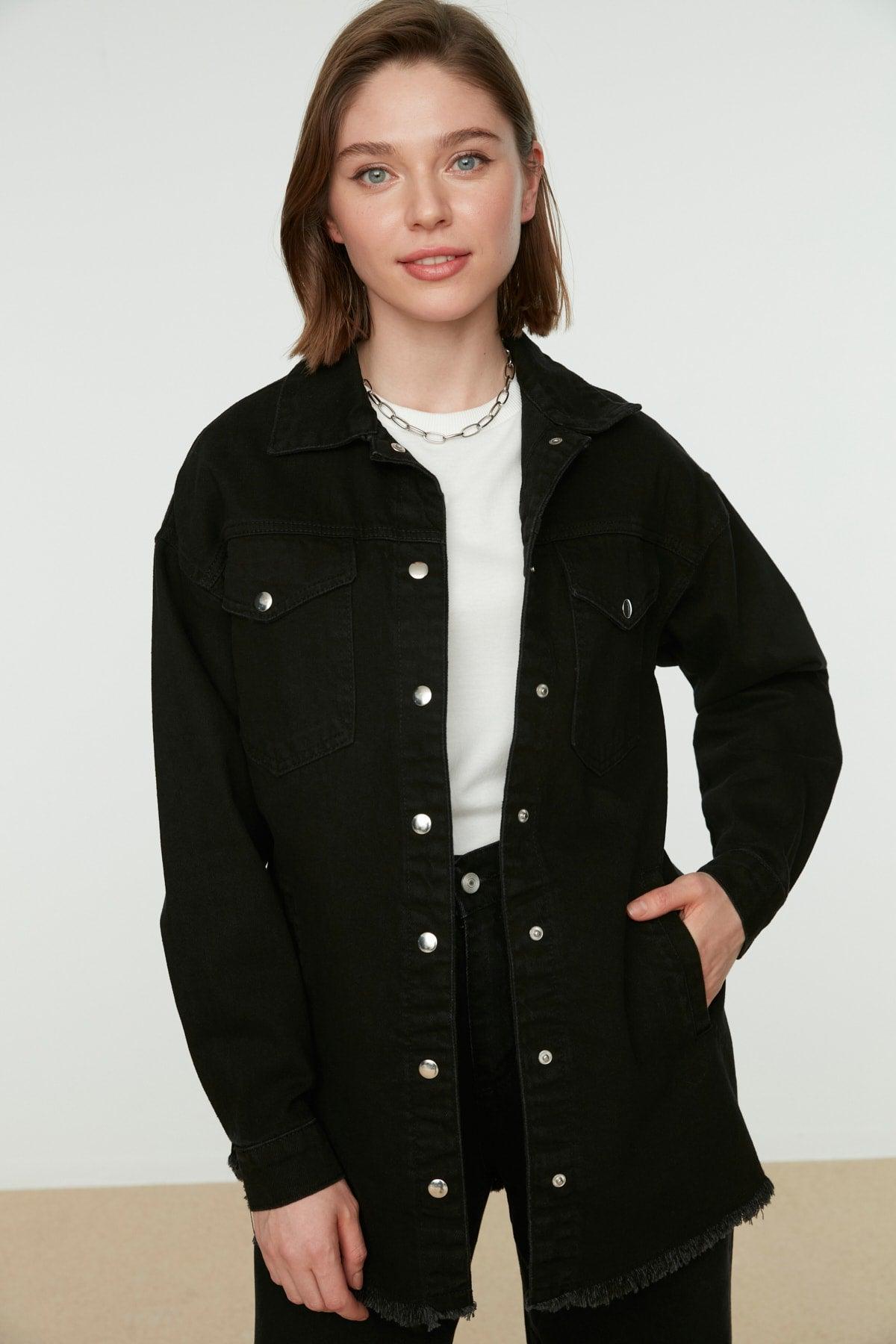 Black Shirt Collar Denim Jacket TCTSS21CE0398 - Swordslife