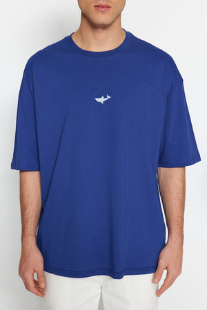 Navy Blue Men'S Oversize Fit Cycling Collar Short Sleeve Shark Embroidered T-Shirt