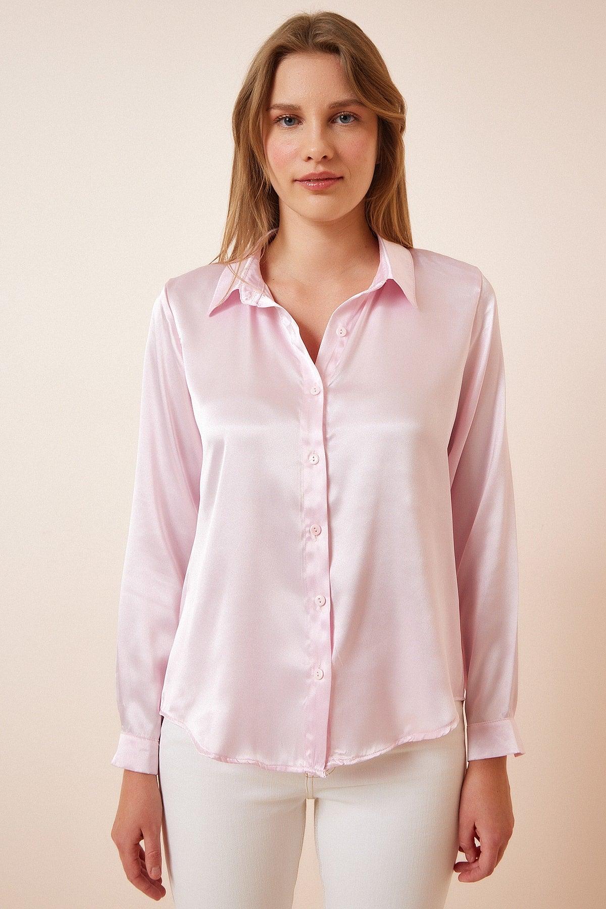 Women's Light Pink Light Flowy Satin Shirt DD00990 - Swordslife