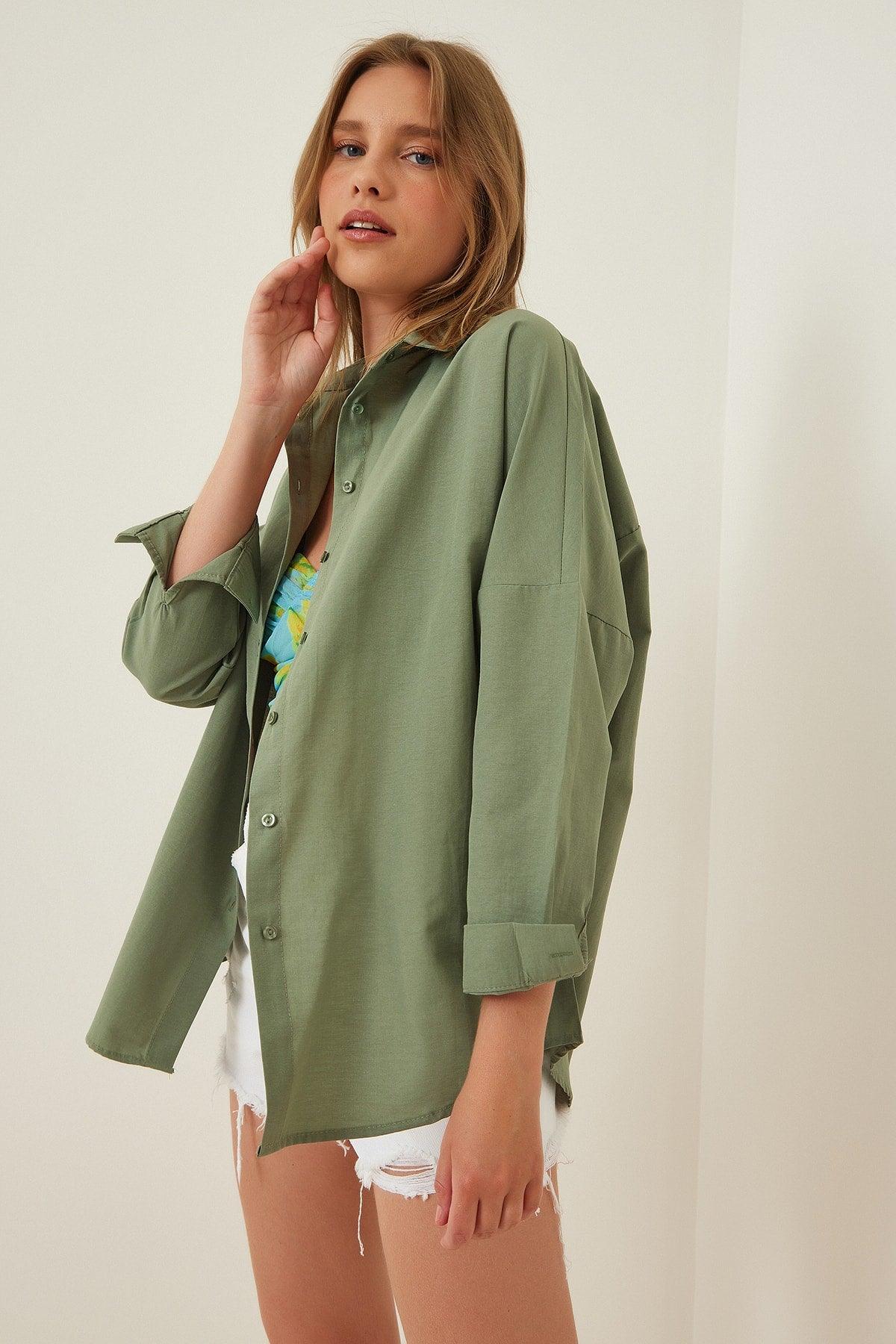 Women's Khaki Oversize Long Basic Shirt DD00842 - Swordslife