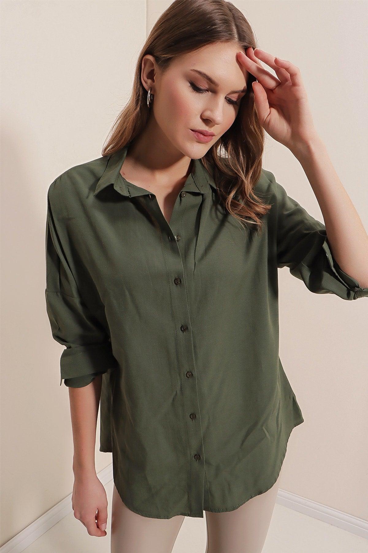 3900 Oversize Long Basic Shirt - Dark Khaki - Swordslife