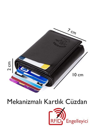 Men'S Black Leather Steel Case Hand And Shoulder Bag And Mechanism Card Holder Wallet Medium Size