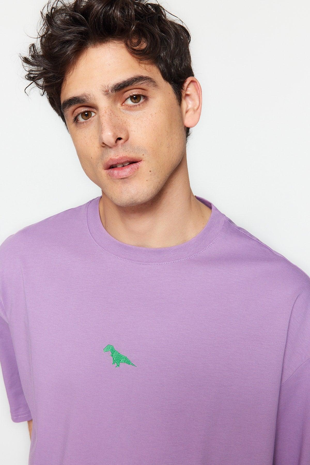 Plum Men's Oversize Fit Crew Neck Short Sleeve Dinosaur Embroidered T-Shirt - Swordslife