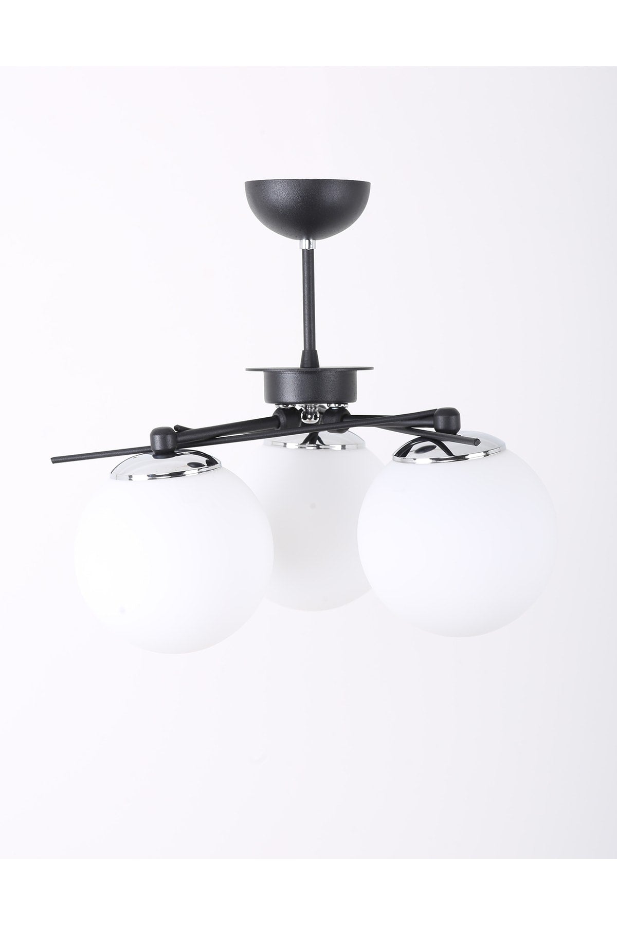 Triangle Black Chrome Chandelier with 3 White Glasses