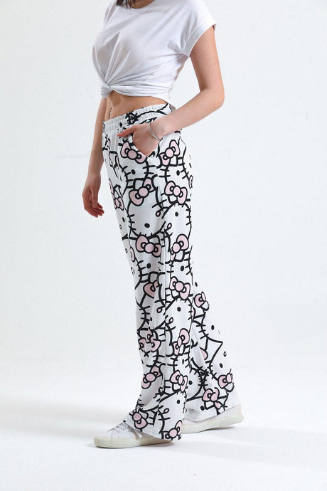 Unisex White Hello Kitty Cat Wide Leg Sweatpants - Swordslife