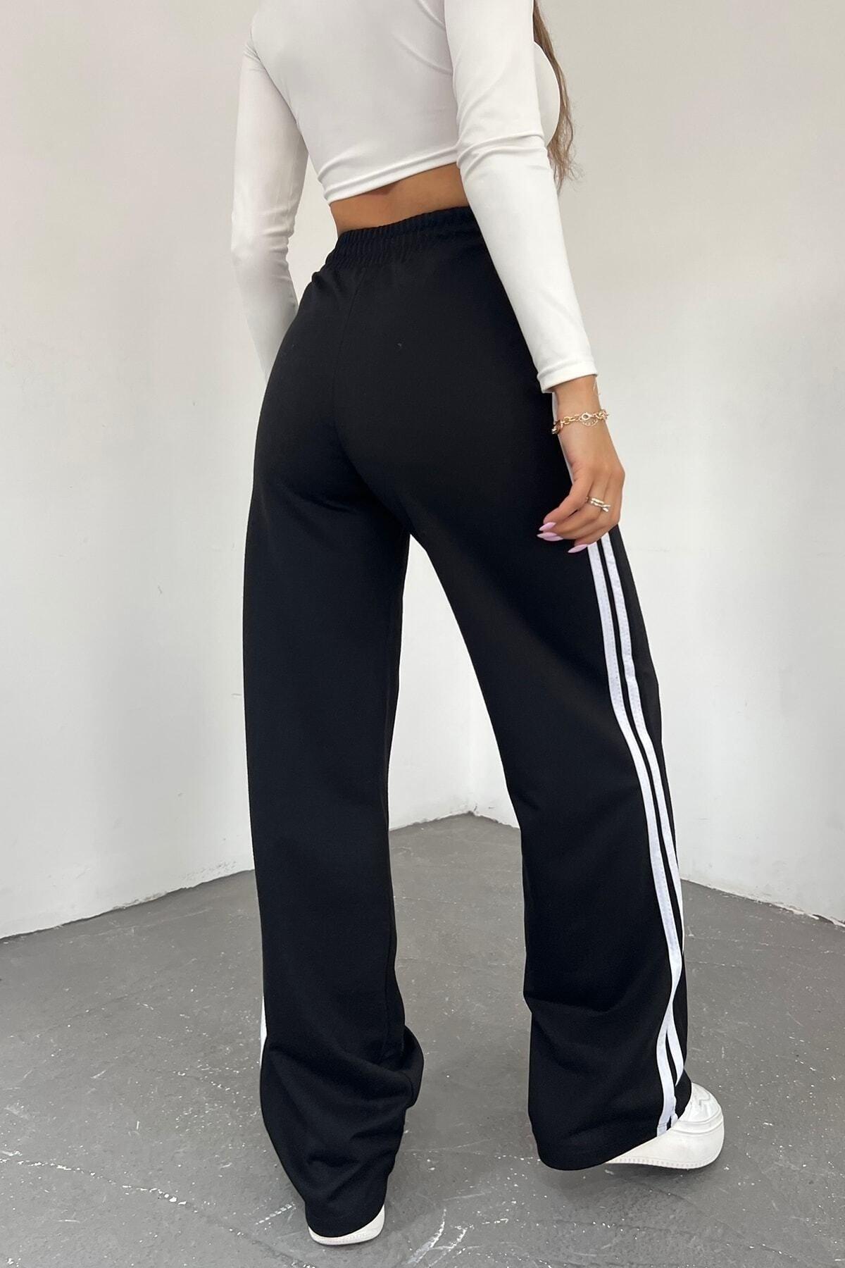 Women's Black High Waist Striped Wide Leg Seasonal Sweatpants - Swordslife