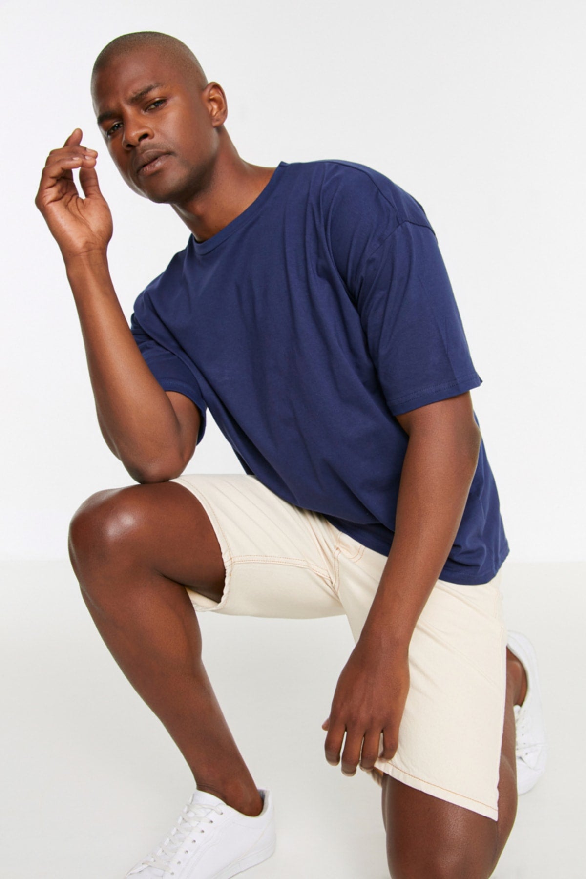 Navy Blue Men'S Basic 100% Cotton Crew Neck Oversize Short Sleeved T-Shirt