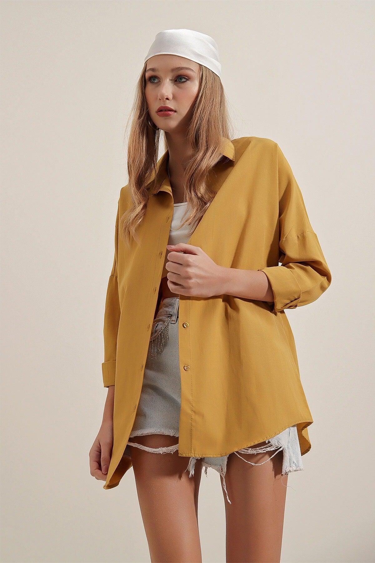 3900 Oversize Long Basic Shirt - Mustard - Swordslife