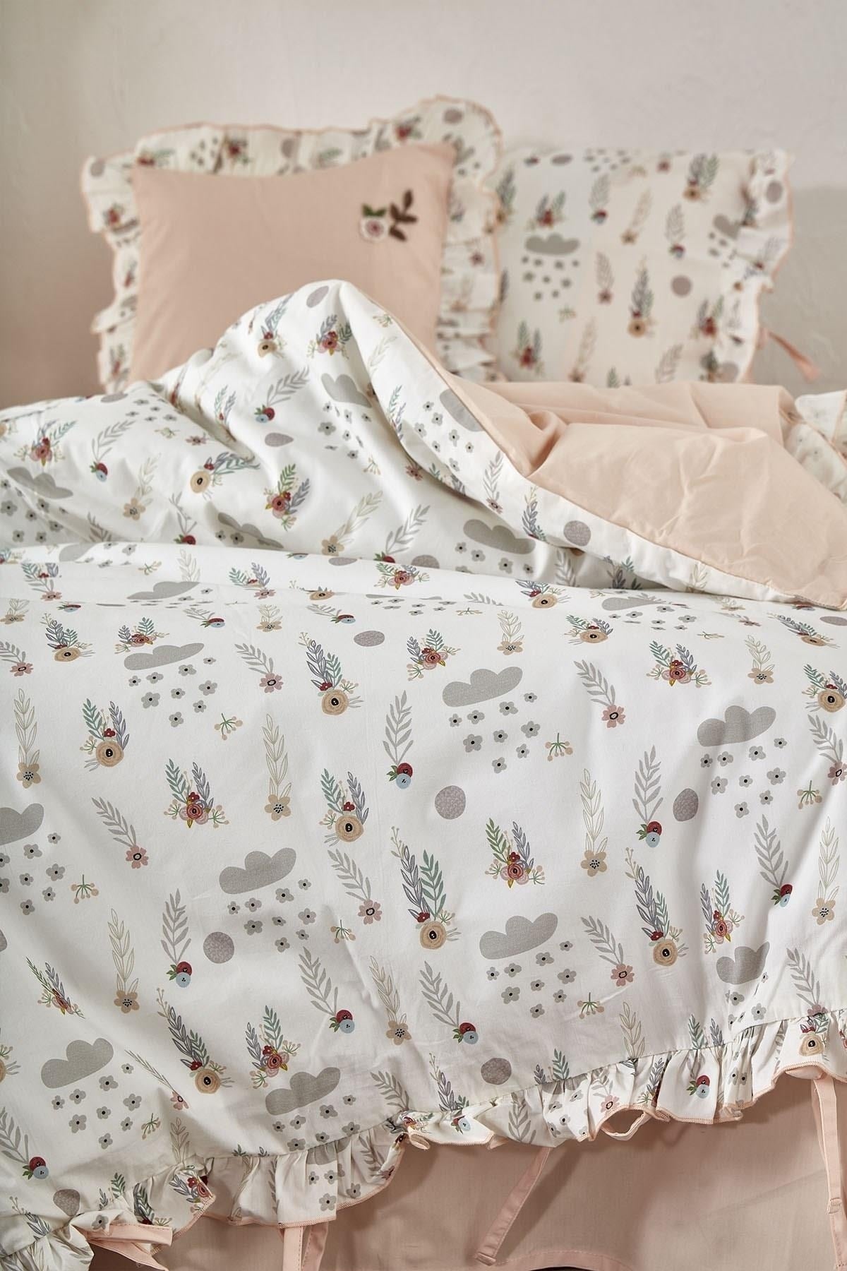 Lora Baby Girl Duvet Cover Set 100% Organic Cotton Hand Embroidered Printed 100X150 Cm