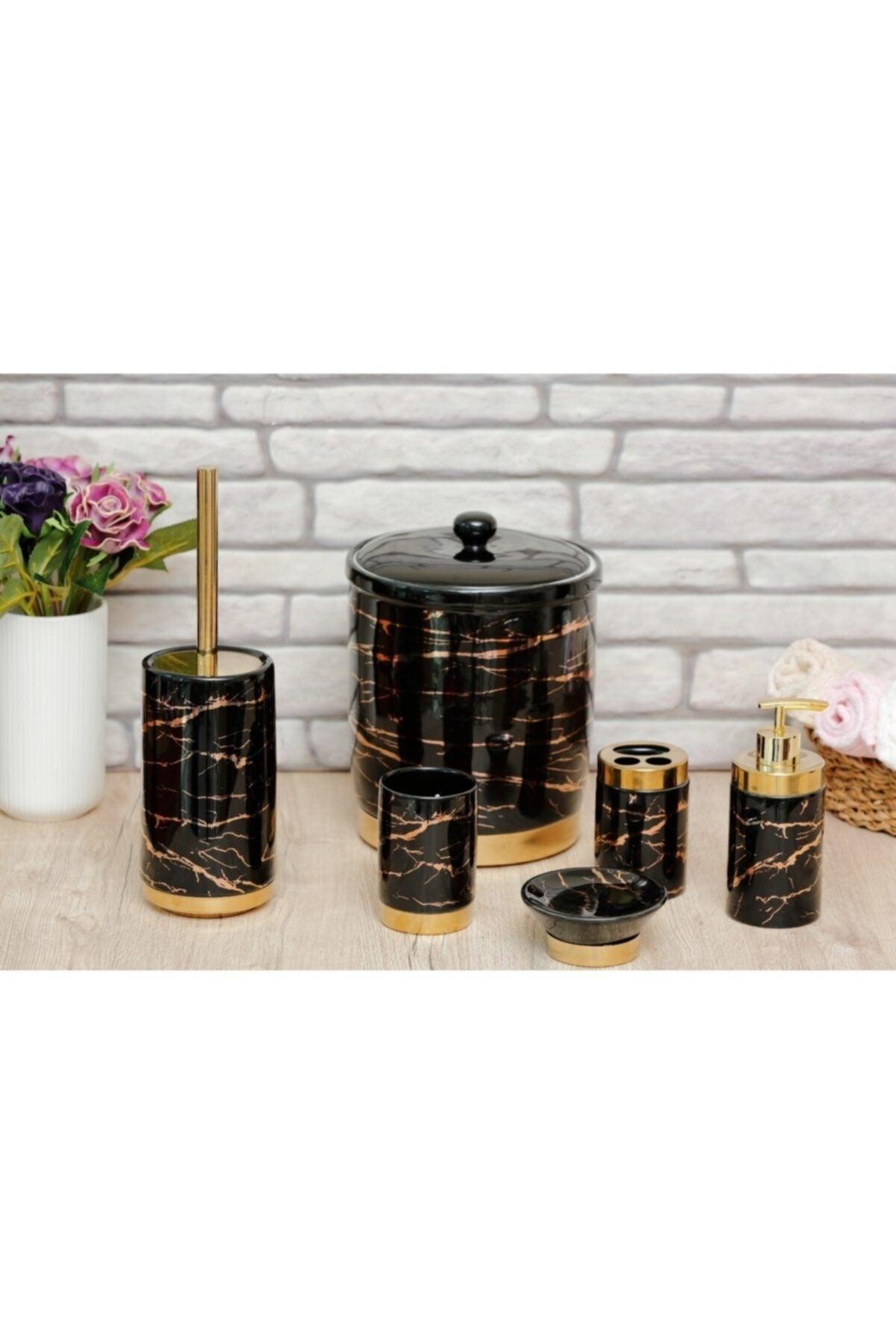 Marble Patterned Como Black 6 Piece Porcelain Bathroom Set - Swordslife