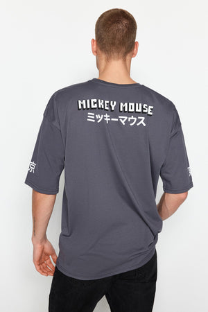 Anthracite Men'S Oversize Crew Neck Short Sleeve Mickey Mouse Printed Licensed Cotton T-Shirt