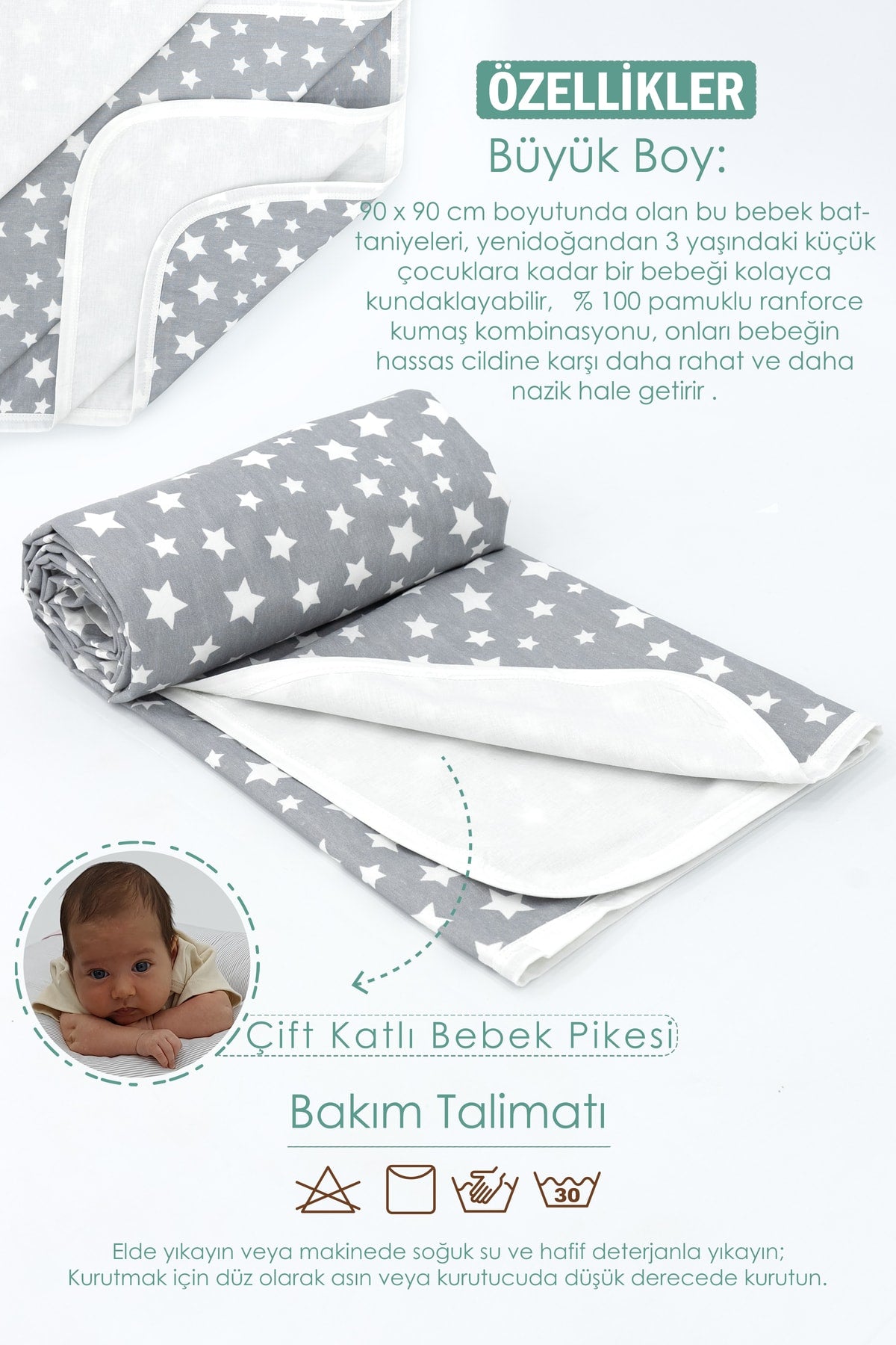 Orthopedic Baby Mattress, Pique And Stroller Accessories Set Of 6, Gray Color Stars Pattern